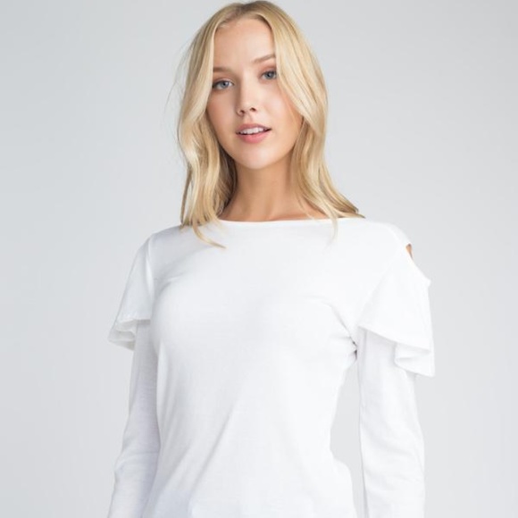 Cold Shoulder Ruffle Long Sleeve Top- White - Picture 1 of 5